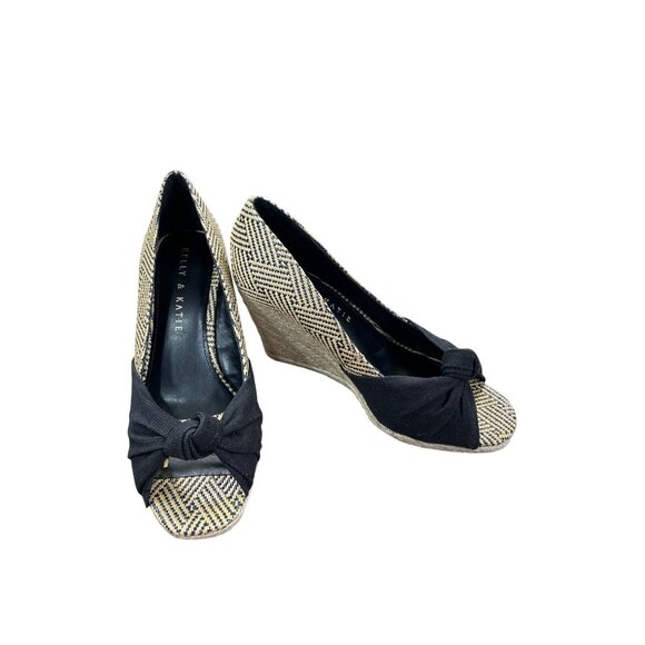 Kelly & Katie Black Beige brown PeepToe Wedge Heels Size 6M SKU 8582 - Picture 1 of 12